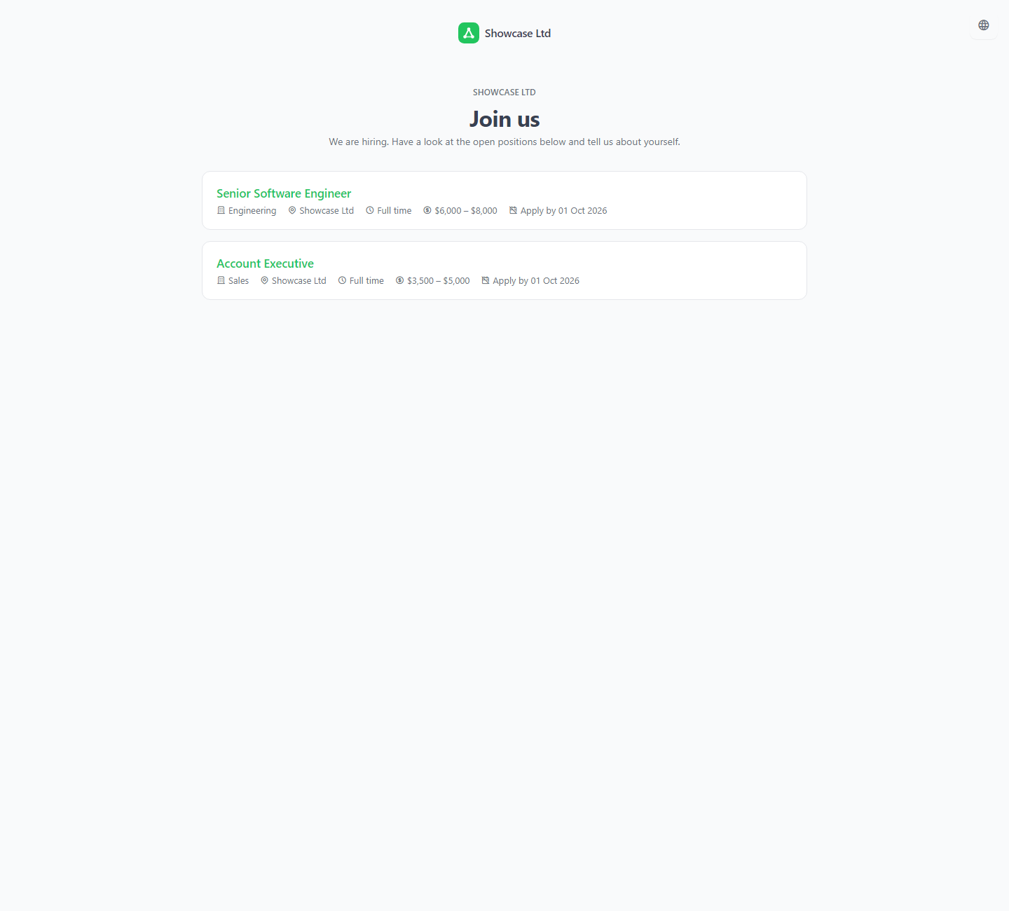 Public careers page on the workspace subdomain