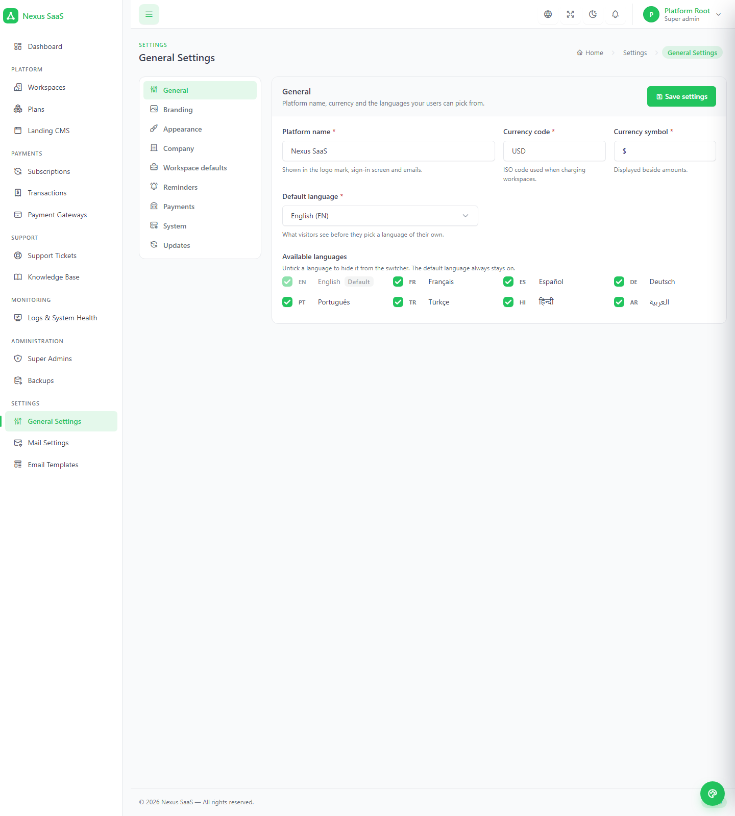 Platform settings