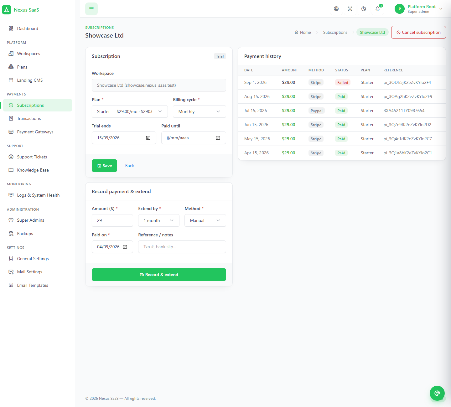 A subscription with payment history