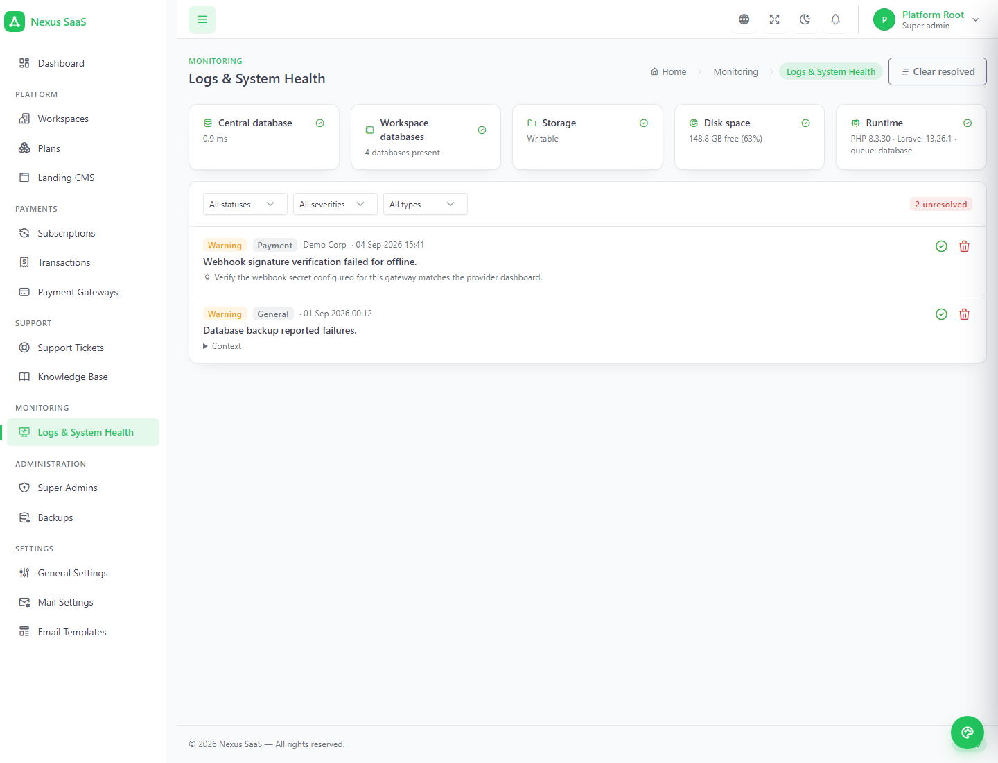 Logs and system health